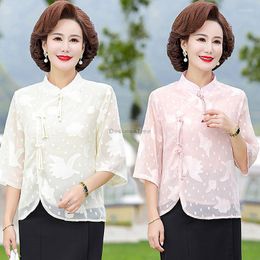 الملابس العرقية 2023 الصيف الصينية نمط المرأة الشيفون تانغ دعوى بلوزة أزياء الوقوف طوق نصف كم ريترو توب S347