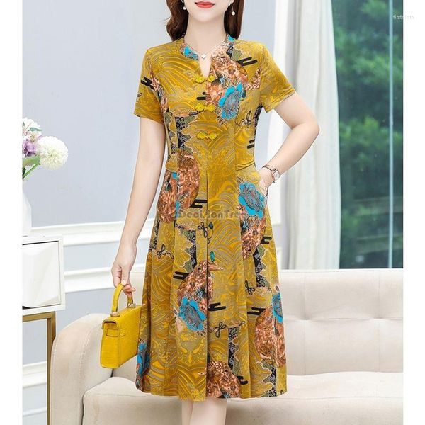 Etnische Kleding 2023 Zomer Chinese Stijl Cheongsam Knop Jurk V-hals Korte Mouw Bloem Gedrukt Elegante Vrouwen Dagelijks Qipao S471