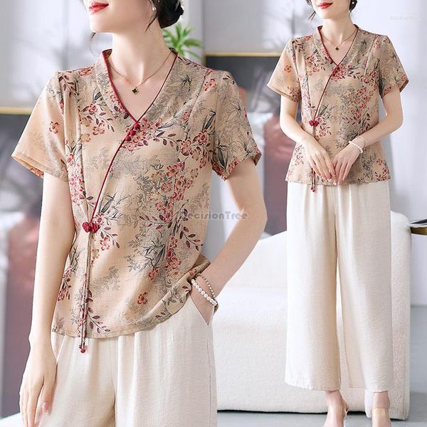 Ropa étnica 2023 verano estilo chino mujeres de manga corta de moda con cuello en V camisa estampado de flores elegante Retro Tang Suit Top S365