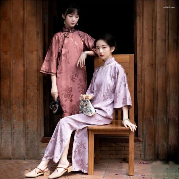 Vêtements ethniques 2023 Été Style chinois Ruyi Cloud Tête inversée Manches longues Vieux Satin Ancien Plat Couture Rétro Cheongsam Qipao