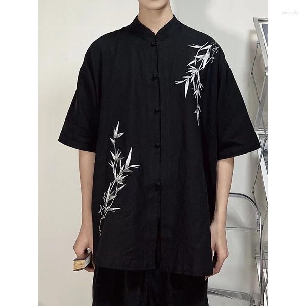 Vêtements ethniques 2023 été Style chinois col montant bambou imprimé chemise à manches courtes rétro Tang costume haut pour hommes Tai Chi Arts martiaux