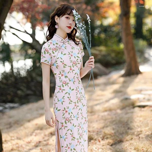 Ropa étnica 2023 Verano Chino Tradicional Elegante Mujeres Casual Rose Print Cheongsam Mancha Slim Retro Temperamento Girly S Midi Vestido