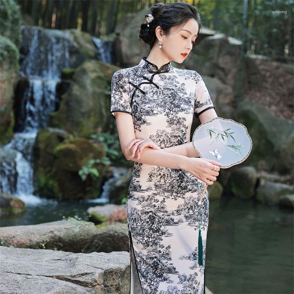 Roupas étnicas 2023 verão dupla camada lado oito botões de comprimento médio cheongsam retro melhorado vestido tradicional chinês qipao para mulheres