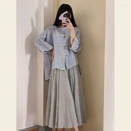 Vêtements ethniques 2023 Été élégant boucle bleue lâche manches longues chemisier jupe jupe costume traditionnel chinois pour les femmes douces ao dai