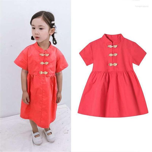 Vêtements ethniques 2023 été filles à manches courtes Style chinois couleur unie Qipao coton enfants Tang costume Hanfu princesse robe Style Simple