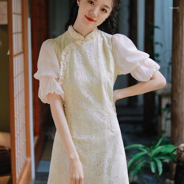 Ropa étnica 2023 verano mejorado chino tradicional Cheongsam vestido diario moda burbuja manga corta Qipao Fairy para mujeres G800