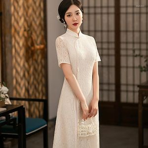 Etnische Kleding 2023 Zomer Halflange Witte Dunne Kant Verbeterde Aodai Cheongsam Dagelijkse Holle Chinese Stijl Avondjurk Qipao Voor vrouwen