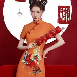 Vêtements ethniques 2023 été Orange petite fille Sexy Cheongsam court amélioré moderne Qipao Style chinois fête de mariage robe de mode pour