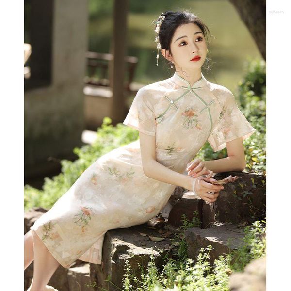 Vêtements ethniques 2023 Été Rose Cheongsam Robe Femmes Traditionnelles Robes Longues Style Chinois Vintage Floral Amélioré Qipao S À XXL