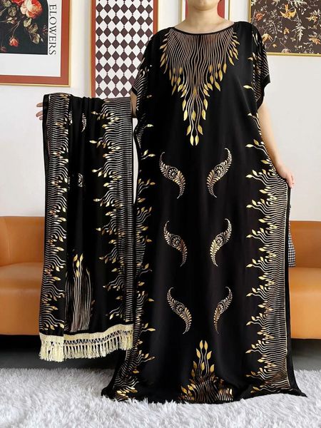 Vêtements ethniques 2023 Robe d'été à manches courtes Pur coton Gold Stamping Lâche Abaya Maxi Islam avec Glands Big Écharpe Africaine Longue