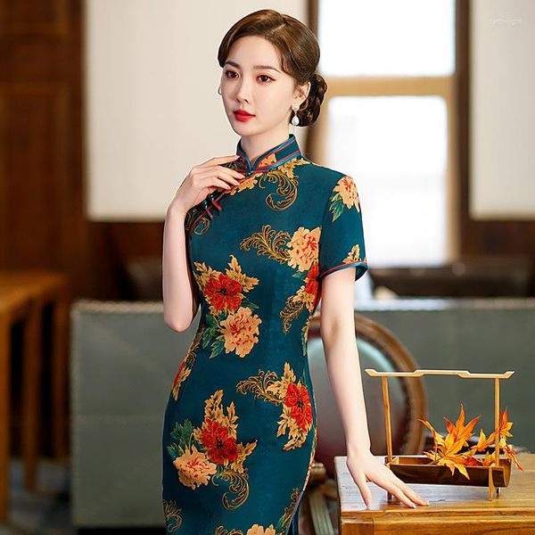 Vêtements ethniques 2023 été fente mi-longue robe dames traditionnel Qipao Style chinois Cheongsam fleur soirée Quipao Oriental