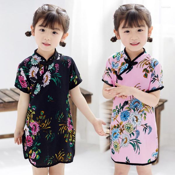 Ropa étnica 2023 Verano Primavera Bordado Cheongsam para niños Niña Moda Princesa China Traje Qipao Imprimir Flores Manga corta