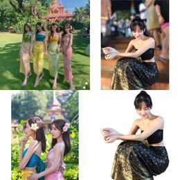 Vêtements ethniques 2023 Été Thai Traditionnel Femmes Sexy Longue Jupe Sud-Est Asiatique Pographie Danse Performance Thaïlande Costume Voyage Robe2024