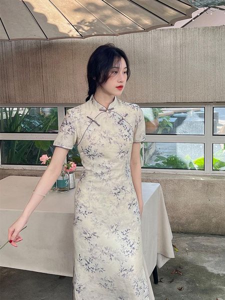 Vêtements ethniques 2023 été femmes Cheongsam violet Floral Style chinois robe décontracté élégant amélioré Vintage longues robes