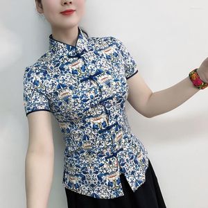 Vêtements ethniques 2023 Tang costume femme à manches courtes Cheongsam Style Blouse rétro amélioré chinois Pan boucle Qipao haut S248