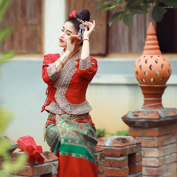 Vêtements ethniques 2023 Thaïlande classique robe de mariée rouge style sud-est asiatique style traditionnel thaïlandais femmes festival voyage vintage