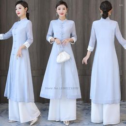 Vêtements ethniques 2023 traditionnel chinois Zen ensemble décontracté femmes haut long pantalon à jambes larges deux pièces Service National Hanfu