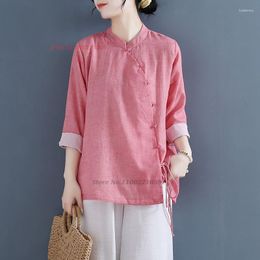 Ropa étnica 2023, blusa de lino y algodón Vintage tradicional china, traje Hanfu Oriental mejorado nacional, camisa de servicio