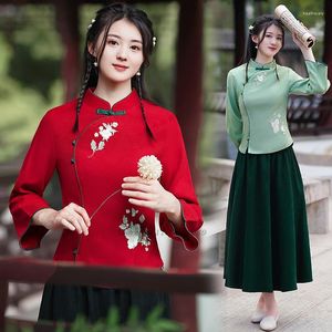Etnische kleding 2023 Traditionele Chinese qipao blouse vrouwen mandarijn kraagjas oosterse bloem borduurwerk shirt vrouwelijk elegante cheongsam