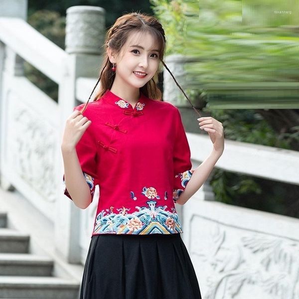 Vêtements ethniques 2023 Femmes chinoises traditionnelles Cheongsam Top Broderie Mandarin Collier Vintage Chemise Blouse Dames Tops KK4210