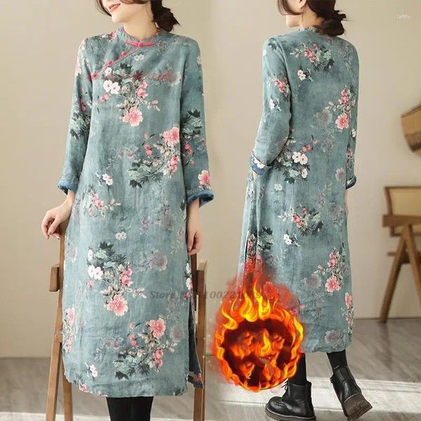 Vêtements ethniques 2023 Femmes traditionnelles Vintage Qipao Robe élégante fleur imprimé coton lin Cheongsam Oriental polaire doublé longue