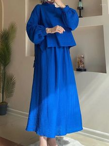 Vêtements ethniques 2023 Turquie Ramadan Musulman Ensembles Femmes Mode Manches longues Chemisier à lacets Maxi Jupes Vintage Casual Costumes élégants Drop