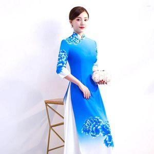 Etnische Kleding 2023 Vieam Aodai Cheongsam Jurk Broek Set Traditionele Elegante Bloemen Afdrukken Qipao Partij Jassen Vestido A101