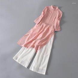 Ropa étnica 2023 estilo chino Vintage mejorado Aodai Cheongsam vestido largo de lino de seda Retrp suelto para mujer señora G380