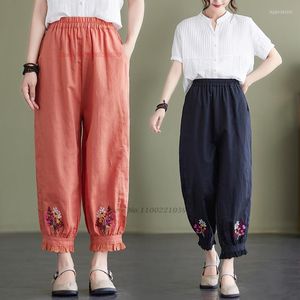 Vêtements ethniques 2023 Vintage taille élastique pantalons pantalons chinois National Harajuku femmes coton lin pantalon fleur broderie lâche