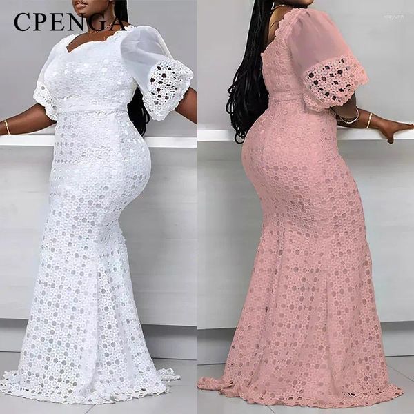 Vêtements ethniques 2023 Robe de maille africaine en dentelle blanche pour femmes élégante dame robes de soirée de mariage plus taille sexy femme fête robe moulante