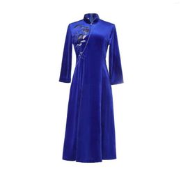 Etnische kleding 2023 Winter Black Veet Qipao Chinese stijl A-lijn borduurwerk bruidskostuum Mode Slim Blauw Wine Red Drop D DH5OM