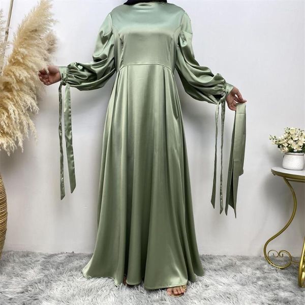 Ropa étnica 2023 mujer musulmana Ababya moda Simple Color sólido grueso satén con cordones manga elegante vestido cárdigan