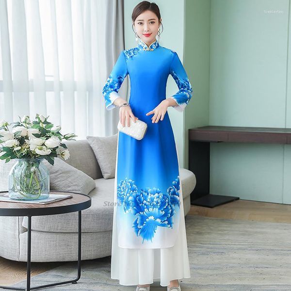 Vêtements ethniques 2023 femme Vintage Vietnam Aodai traditionnel fleur imprimer Ao Dai robe Oriental amélioré Cheongsam soirée Vestido