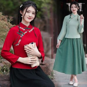 Vêtements ethniques 2023 Femmes Chinois Style Traditionnel Tops Fleur Broderie Qipao Blouse Cheongsam Femme Vintage Boucle Hanfu Chemises Tang