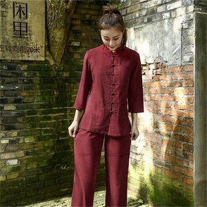 Etnische Kleding 2023 Vrouwen Katoen Linnen Tang Pak Chinese Tai Chi Uniform Retro Zen Oosterse Set Hanfu Tops Losse Broek