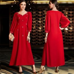 Vêtements ethniques 2023 Femmes Perles artisanales Abaya Robe Vintage Rouge Robes Dubaï Islamique Soirée Robe Turquie Caftan Robe S-2XL