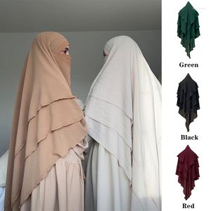 Vêtements ethniques 2023 Femmes Musulmanes Couleur Solide Mousseline de soie douce Big Hijab Châles Islamique Ladie Ramadan Eid Abayas Turban à trois couches Coiffe