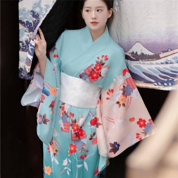 Vêtements ethniques 2023 Kimono traditionnel japonais pour femmes avec blanc Obi Floral imprimé Geisha Yukata Cosplay Costume Performing Pography