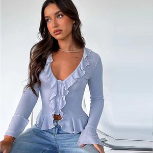 Vêtements ethniques 2023 femmes printemps automne en mousseline de soie Blouses chemises dame décontracté à manches longues volants décor col en v élégant Simple petit haut