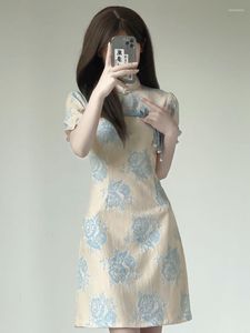 Vêtements ethniques 2023 femmes court Cheongsam été Floral Style chinois robe en dentelle Vintage décontracté ruban amélioré Qipao bleu Beige S à XXL