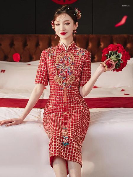 Vêtements ethniques 2023 Femmes Vintage Rouge Paillettes Mariage Chinois Moderne À Manches Courtes Qipao Robe Femme Sexy Slim High Split Cheongsam