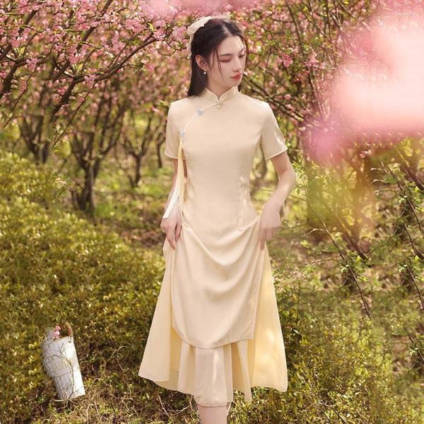 Vêtements ethniques 2023 femmes jaune longue Cheongsam été élégant a-ligne robe améliorée Style chinois Vintage Qipao S à Xxl soirée