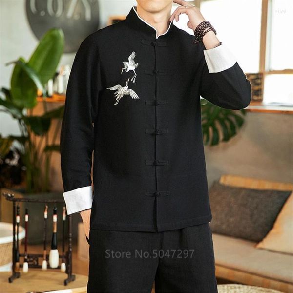 Vêtements ethniques 2023 ans traditionnel chinois haut pour hommes broderie à manches longues solide lin Hanfu chemise grande taille M-5XL