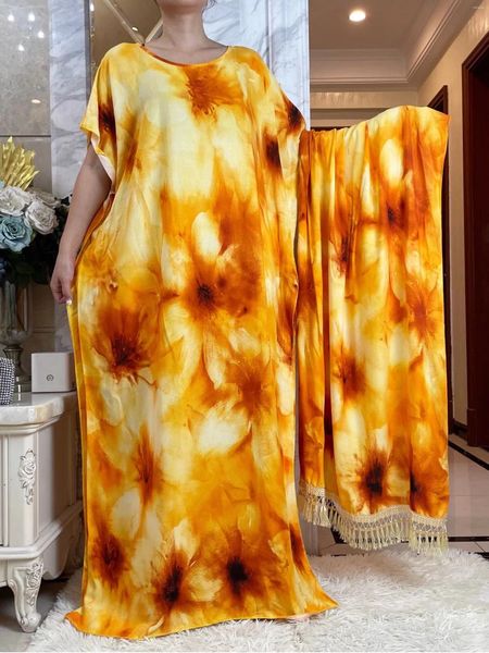 Ropa étnica 2023 Vestido de fiesta personalizado de alto grado Bufanda grande Tie Dye Tela de algodón suelto Floral Boubou Maxi Islam Manga corta Abaya