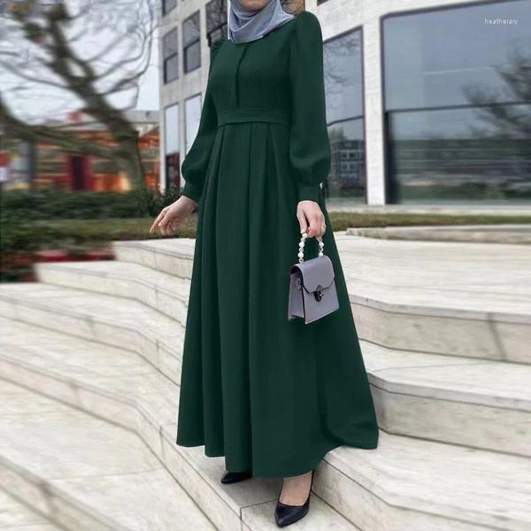 Vêtements ethniques 2024 Robe Abaya pour femmes manches bouffantes col rond rouge vert couleur hijab robe d'été style élégant caftan printemps robes de dinde