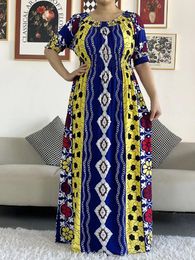 Ropa étnica 2024 African Dashiki Algodón Vestido floral Impreso Manga corta Recoger cintura Recta Mujeres sueltas con bufanda