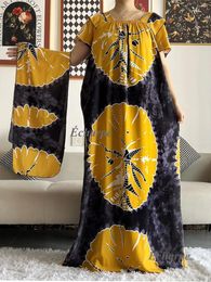Vêtements ethniques 2024 Africain Dashiki Robe Kaftan Abaya Coton Col Bateau Floral Imprimé À Manches Courtes Lâche Femmes Casual Avec Écharpe