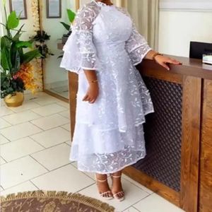 Etnische kleding 2024 Afrikaanse feestavondjurken voor vrouwen zomer elegant wit mesh hoge taille 3/4 mouw midi jurk dashiki Afrika