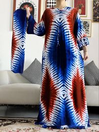 Vêtements ethniques 2024 Femmes africaines à manches longues Tie-dye Coloré Dashiki Coton Robe florale Impression Lâche Caftan Casual Robe