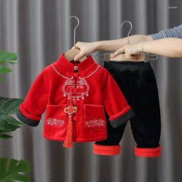 Vêtements ethniques 2024 Automne et hiver Costume Tang traditionnel chinois pour enfants Veste brodée Pantalon Hanfu Boy épais